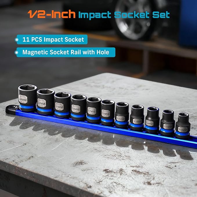 1/2 Inch Drive Impact Socket Set, 11-Piece Metric (10-24mm), Professional Chromoly Steel (CR-MO), 6-Point Shallow Sockets for Impact Wrench, Automotive Repair & General Mechanic Tools