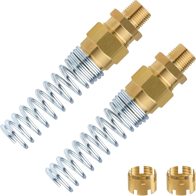 Brass DOT Air Brake Hose End Fitting, 3/8??Hose x 3/8??Male Connector with Spring Guard, 2 Pack Air Brake Hose Fitting with 2 Pack Fitting Sleeve Tube