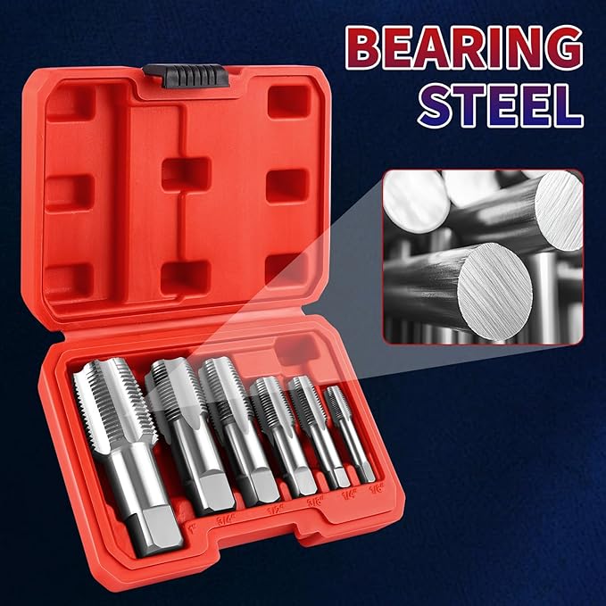 FANOVO 6pcs NPT Pipe Tap Set, Precision Carbon Steel NPT Threading Plumbing Tap Tap Plastic Case Kit with 1", 3/4", 1/2", 3/8", 1/4", 1/8" NPT Tap, for Plumbers Mechanics DIYers Clean Accurate Threads