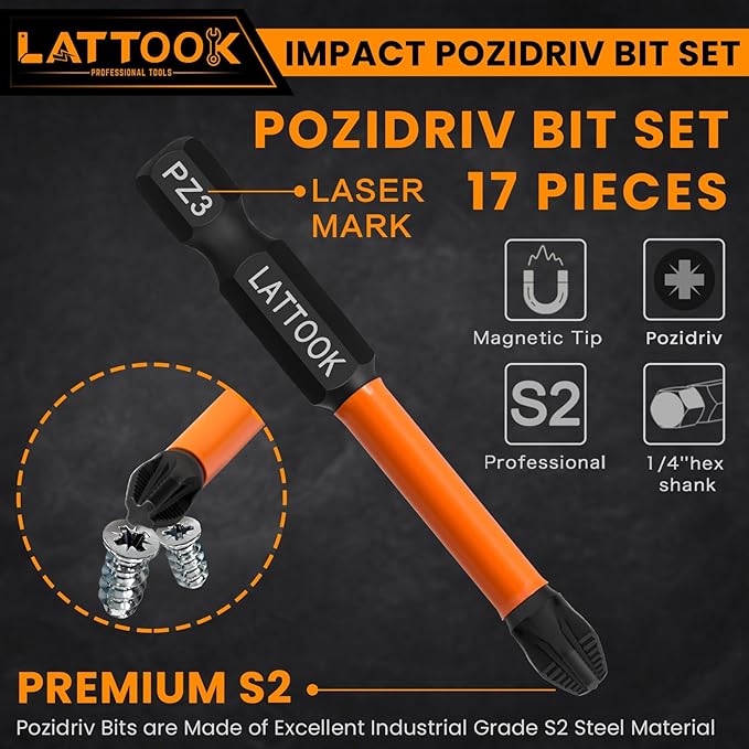 Impact Pozidriv Bit Set, LATTOOK 17PCS Anti Slip PZ2 Pozi Bit Set, Magnetic S2 Steel Pozidriv Screwdriver, PZ1, PZ2, PZ3