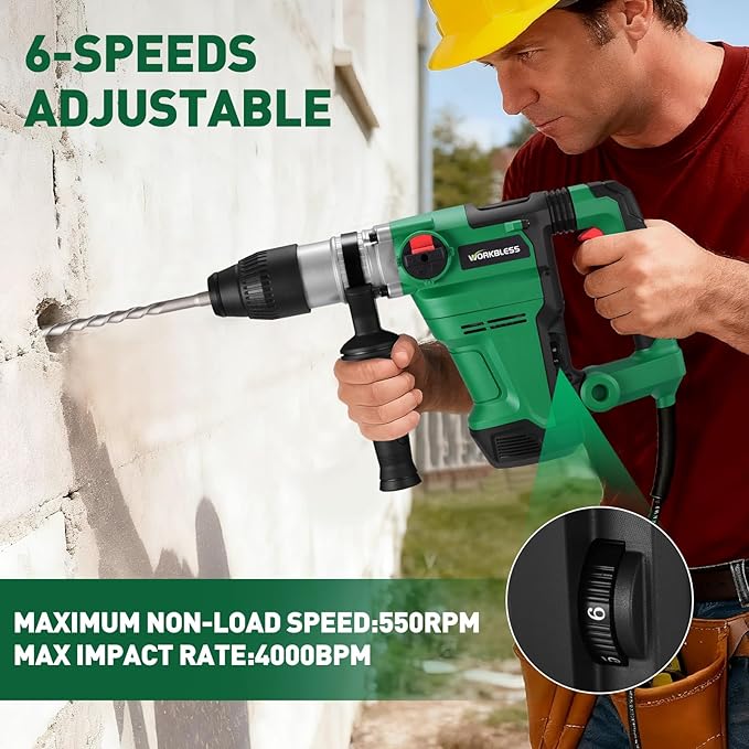 1-1/2 Inch SDS-MAX Heavy and Duty Rotary Hammer Drill: 13 Amp Corded Hammers Drill - Hammers Drill for Concrete Demolition Chipping, 3 Functions, 6 Speeds, Safety Clutch, 2 Chisel