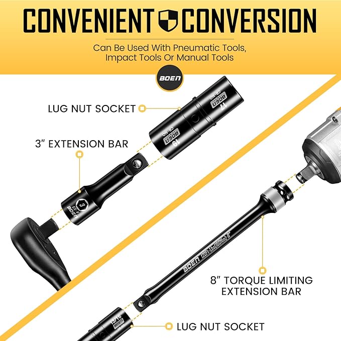 boen 9PCS 1/2" Drive Impact Flip Lug Nut Socket And Torque Limiting Extension Bar Set, 8" Long Impact Torque Sticks, Metric & SAE Double-Sided Sockets, 3" Extension Bar & Storage Case
