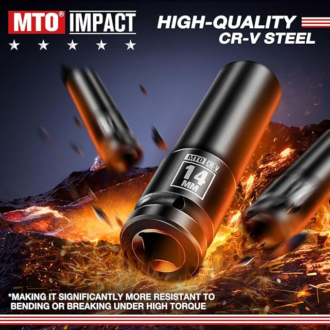 MTO 1/2" Drive 14mm Deep Impact Socket, 6-Point Metric Socket for Automotive Maintaince, CR-V Steel Meets ANSI Standards