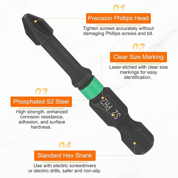 HARFINGTON 5pcs #2 Impact Phillips Screwdriver Bit PH2 1/4" Hex Shank 2" (50mm) Length 0.17" Rod Magnetic Cross Head Drill Bits S2 Steel Industrial Screw Drivers for Impact Power Tools