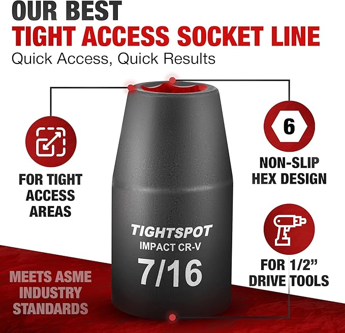 TIGHTSPOT 1/2 Inch Drive - 7/16 Inch Shallow Impact Socket with Anti-Rounding 6 Point Design, Heat-Treated CRV Steel