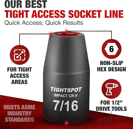 TIGHTSPOT 1/2 Inch Drive - 7/16 Inch Shallow Impact Socket with Anti-Rounding 6 Point Design, Heat-Treated CRV Steel