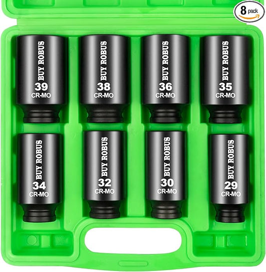 Axle Nut Impact Socket Set, 1/2" Drive Deep 12 Point 8-Piece Metric 29mm, 30mm, 32mm, 34mm, 35mm, 36mm, 38mm, 39mm Socket, Large Socket Set with Storage Case for Auto Repair, Removing