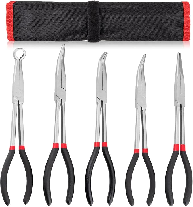 5Pcs Bent Nose Pliers 11 Inch Extra Long Needle Nose Pliers Set, Straight, 25째/45째/90째 Bent, Circle Nose for Narrow Spaces, Hard to Reach Areas & Precision Work