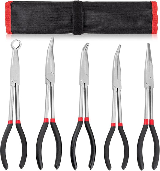 5Pcs Bent Nose Pliers 11 Inch Extra Long Needle Nose Pliers Set, Straight, 25째/45째/90째 Bent, Circle Nose for Narrow Spaces, Hard to Reach Areas & Precision Work