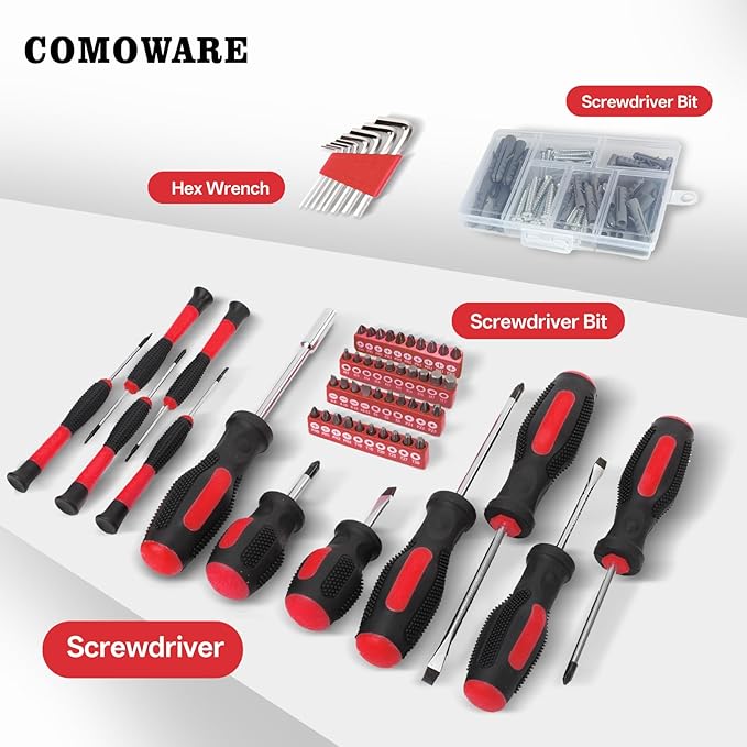 COMOWARE 218 Pcs Home Tool Kit - Basic Household Hand Tool Set, Truck Tool Kit Socket Wrench Combination Tool Set for Home with Plastic Toolbox Storage Case, Rv tool set竊똓ed