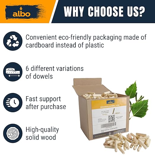 ALBO Wooden Dowel Pins 1/4 x 1-1/4 inch Fluted Wood Dowels Rods 200 Pack Hardwood Crafts Dowel Pegs