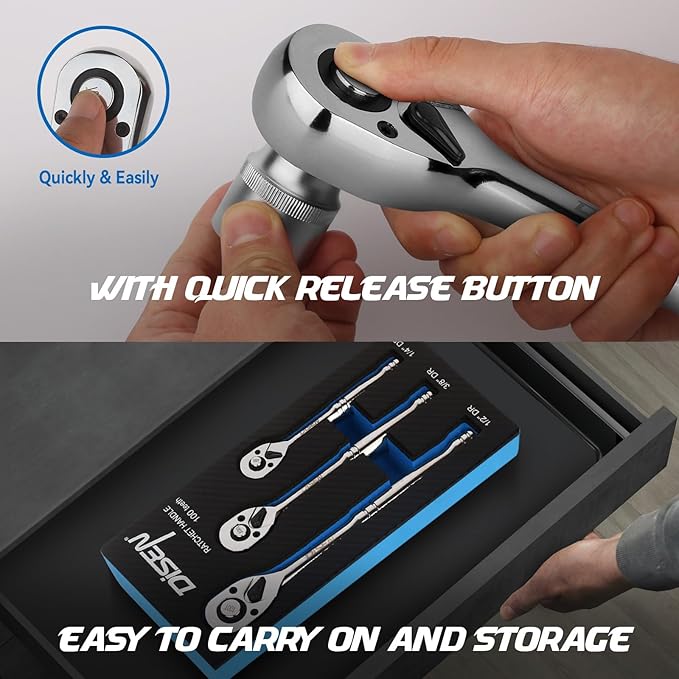 DISEN 3-Piece Standard Ratchet Set ??1/4", 3/8", 1/2" Drive with EVA Storage Tray | 100-Tooth Ratchet, Non-Slip Grip, Quick Release Button | Reversible Design with 3.6째 Swing for Tight Spaces