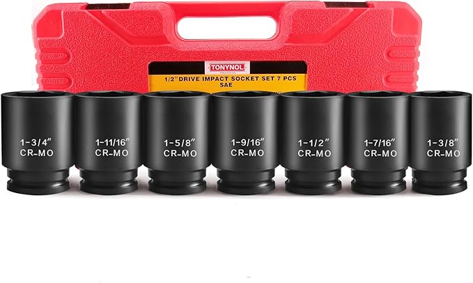 1/2 Inch Drive Deep Impact Socket Set, 6-Point, SAE(1/2 Drive 1-3/8"to1-3/4"), 7 PCS, Cr-Mo, Heavy Duty Impact Socket Set, with a strong case