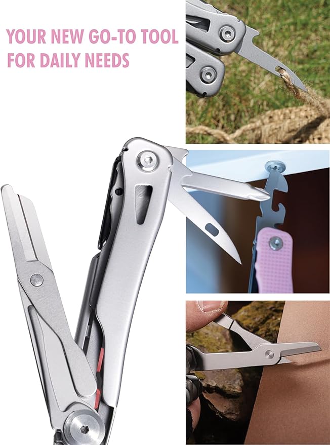FantastiCAR 14 in 1 Multitool Pliers, Versatile Pocket Knife with Scissors, Knife Blade, Screwdriver, Bottle Opener, and Ideal for House or Camping Essentials, Holiday Gift Packaged (Pink)