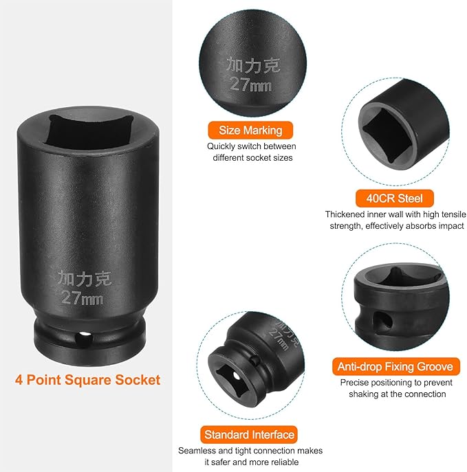 HARFINGTON 4 Point Square Socket 3/4" Drive by 27mm Metric Square Impact Socket 40CR Blackening Standard Wheel Sockets Pneumatic Socket Tool for Auto Repair Mechanical Maintenance Home Use