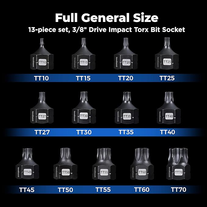 toolant 3/8"drive impact torx bit socket set 13PCS,Hex Drive,TT10-TT70, S2 Steel Air Drive Torx Socket set,Impact Grade竊똀nti-Roll Design