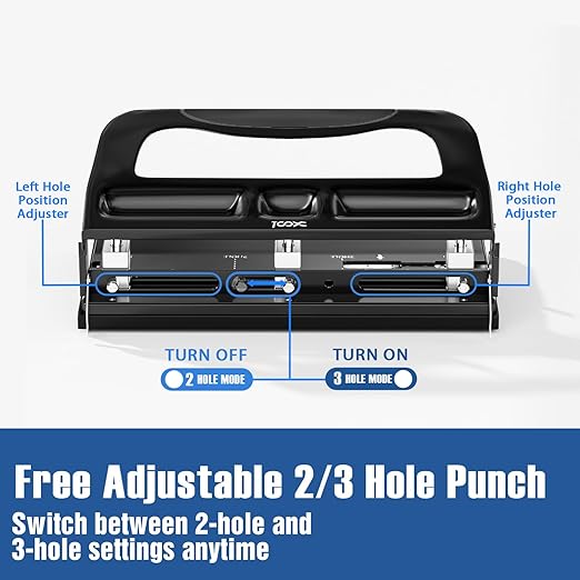 XOOL 3 Hole Punch, Heavy Duty Metal Hole Puncher for 2 or 3 Holes, 9/32" 7mm Hole Diameter, 40-Sheet Capacity, Adjustable Hole Spacing, Non-Slip Base for Office & School