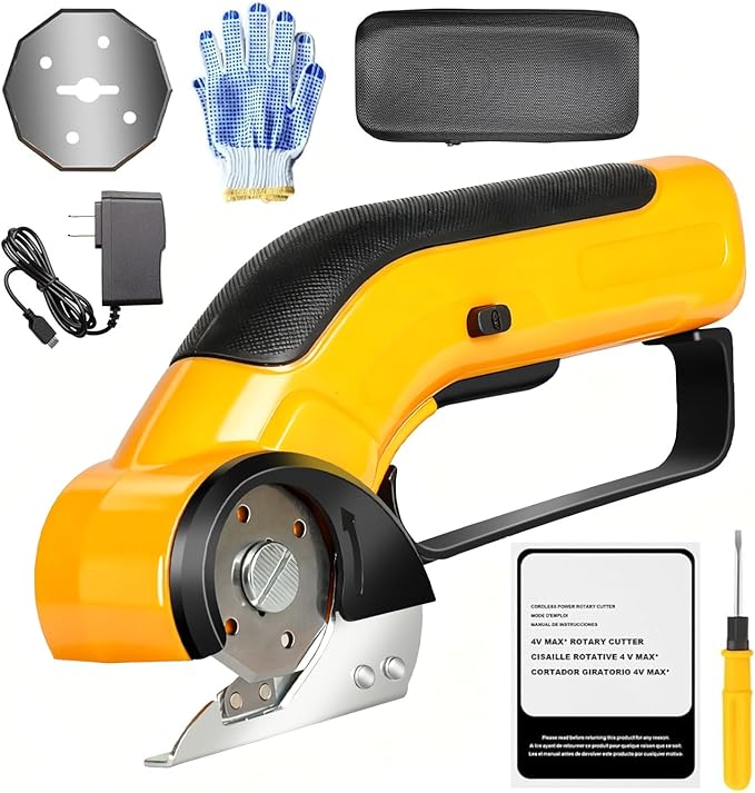Cordless Electric Scissors Rechargeable with 2-Blade & Storage Bag, Powerful Rotary Cardboard Box Cutter 3.7V 2000mAh for Cloth Carpet Plastic Leather, Charging Cable(Yellow)