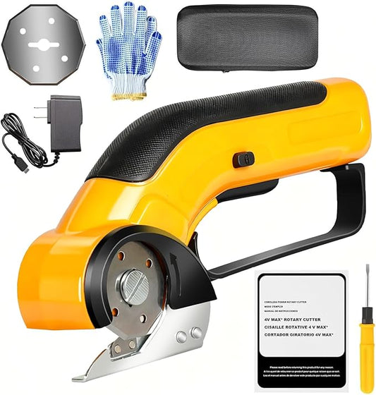 Cordless Electric Scissors Rechargeable with 2-Blade & Storage Bag, Powerful Rotary Cardboard Box Cutter 3.7V 2000mAh for Cloth Carpet Plastic Leather, Charging Cable(Yellow)