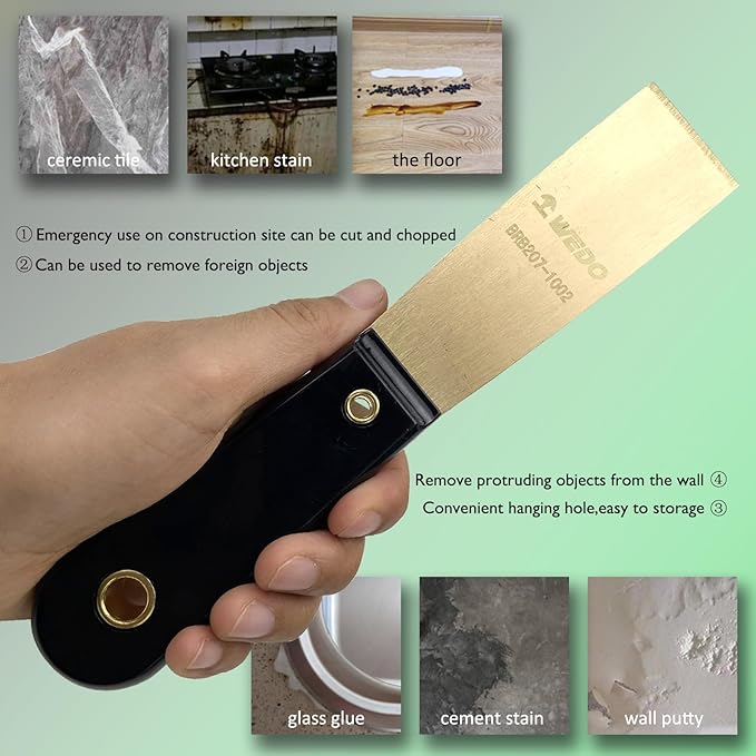 WEDO 3pcs Brass Putty Knife Set, 1-1/4" Paint Scraper with Bakelite Handle, 11" Brass Wire Brush,A Pair of Gloves,Painters Knife, Scraper Tool for Plaster Scraping Drywall Finishing