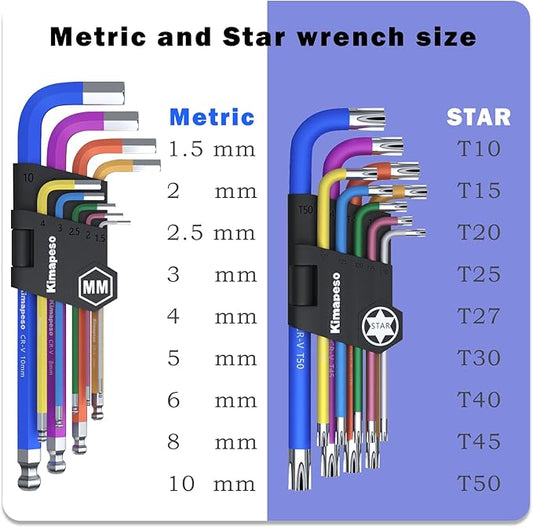 18 PCS Allen Key Set Torx and Metric Allen Wrenches Set Long Arm Ball End with T-Handle L-Hex Key Set Metric Hex Key Set 1.5 to 10mm Torx Star Key Set T10 to T50