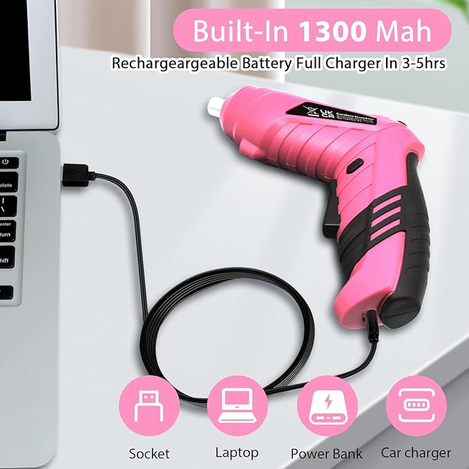 Pink Cordless Electric Screwdriver Set, 3.7V Rechargeable Small Electric Drill with 47pcs Driver Bit Set, Power 3Nm Screw Gun with 2 Position Handle, Flexible Shaft LED Light for Women
