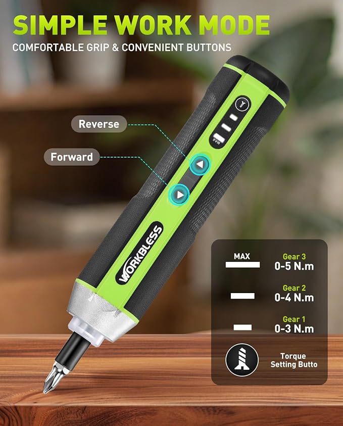 Electric Screwdriver Set, 3.7V Cordless Screwdriver with 3 Torque Settings, 300RPM & 5N.m Max Torque, LED Light, USB-C Charging Cable with 26Pcs Accessory Kit for Furniture, DIY