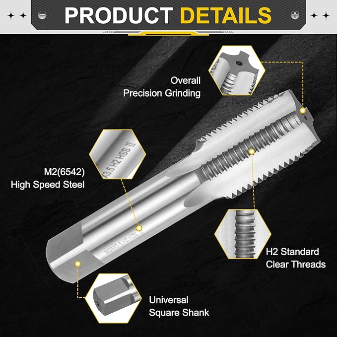 uxcell Hand Plug Tap M38 x 3.5 H2 Metric Thread Plug Style Taps Straight Flute Screw Tapping Threading Tool High Speed Steel HSS6542