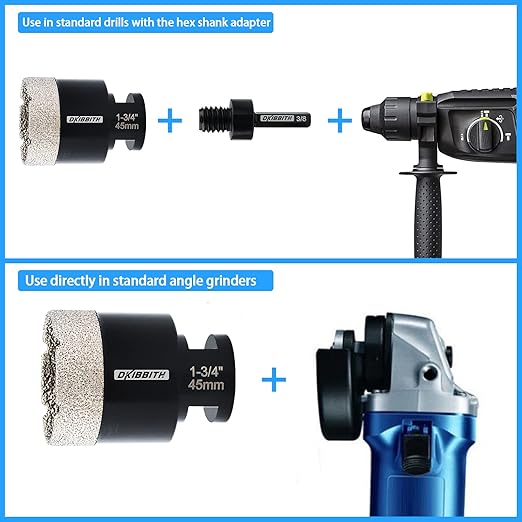 DKIBBITH 1-3/4'' Diamond Hole Saw, Vacuum Brazed Core Bit for Granite Tile Quartzite Marble Concrete Porcelain Ceramic Stones with 5/8-11 Thread Angle Grinders and 3/8??Hex Shank Electric Drills