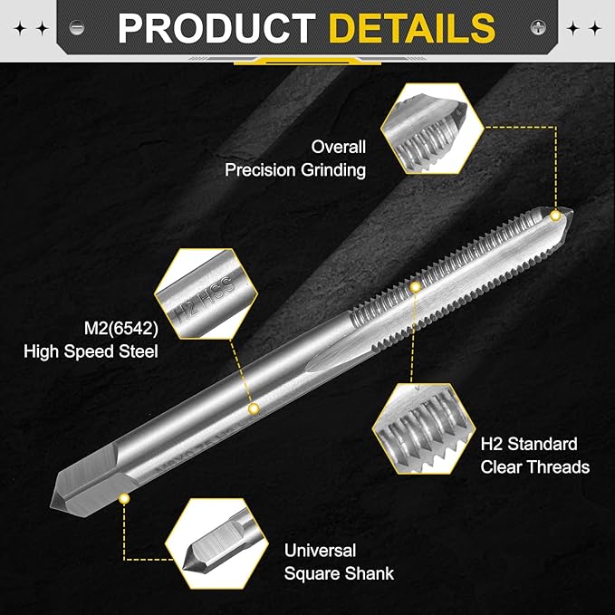 uxcell Hand Plug Tap M6 x 0.75 H2 Metric Thread Plug Style Taps Straight Flute Screw Tapping Threading Tool High Speed Steel HSS6542