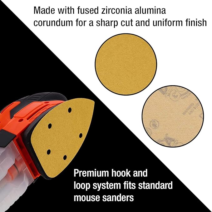Dura-Gold Premium Mouse Detail Sander Sandpaper Sanding Sheets - 120 Grit (Box of 24) - 5 Hole Pattern Hook & Loop Triangle Mouse Discs - Woodworking Wood, Furniture Crafting, Sand Automotive Paint