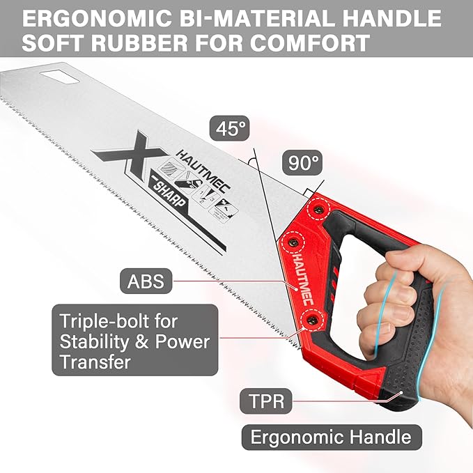 HAUTMEC 14" X-Sharp Compact Hand Saw for Cuts Comfort, Quality and Accuracy, Fine-Cut Handsaw with 12 TPI Triple-Ground Teeth and 1mm Thickened Large Blade, Bi-Material Ergonomic Handle – HT0295