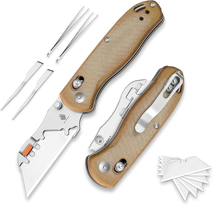 Kizer Uti Bear(Tool-Free Version) Folding Utility Knife, Quick Change Box Cutter EDC knife with 5PCS Razor Blades, Clutch Lock & Pocket Clip Small Pocket Knives for Men Women V3619JA7