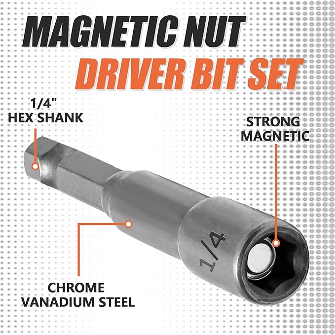 1/4 Inch Magnetic Nut Driver Bit Set, 12 Pcs Chrome Vanadium Steel Impact Drill Bits, Quick Change Socket Nut Driver Adapter with Hex Shank, 65mm Length