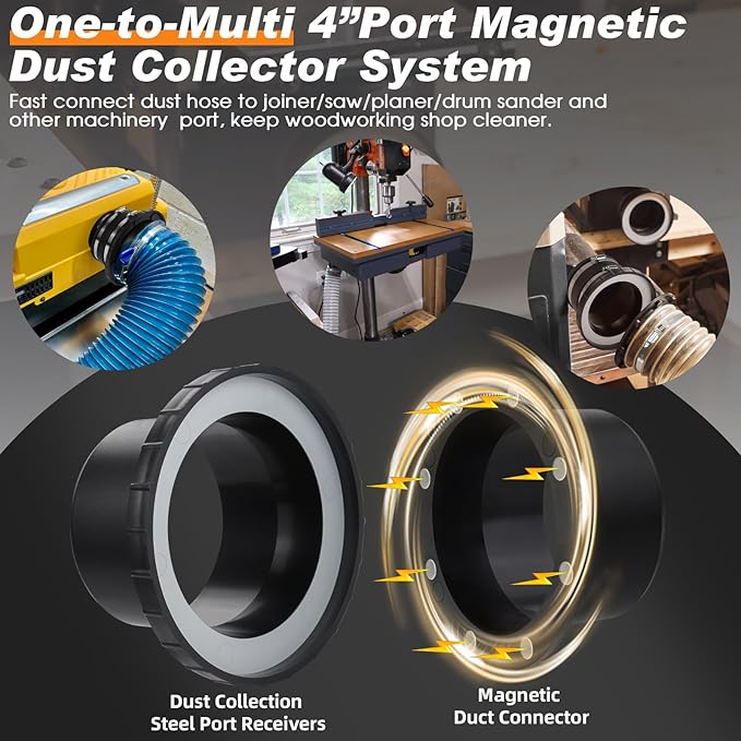 Magnetic Dust Collection Starter Kit for 4" Woodwork Shop Vacuums Dust Hose,One-to-Multi Magnetic Dust Collector System w/1PK Mag Port Connector+2Set 4??Couplers,Hookup Drum Sander Jointer Saw Planer