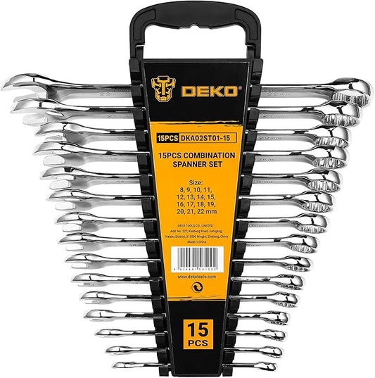 DEKOPRO Combination Wrench Set, Metric, 15-piece, 8-22mm, 12-Point, Chrome Vanadium Steel, with Plastic Tray