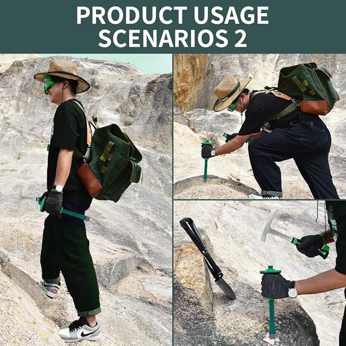 15 PCS Geology Rock Pick Hammer Kit, 22oz Hammer & Digging Chisels for Rock Hounding, Gold Mining & Prospecting Equipment Tool Shovel,Backpack,Magnifying Glass, Goggles,Whistle，Soil sieve (VO3)