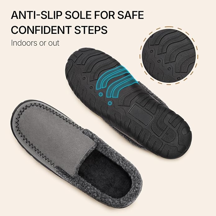 ATHMILE Men's Moccasin House Slippers, Memory Foam Arch Support, Plush Fuzzy Lining, Non-Slip Rubber Sole for Indoor/Outdoor Winter Comfort