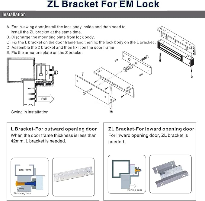 Z and L Bracket for 500KG 1200LBS Holding Force Electric Magnetic Lock Single Door Access Control Magnetic Door Locks