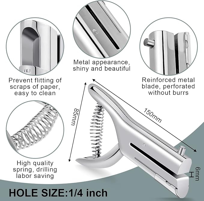 Chumia 1 Pcs Heavy Duty Hole Punch 2" Long Reach 1/4 Inch Paper Single One Hole Puncher Deep Throat Reduced Effort Hand Held Alloy Punch for ID PVC Cards 5 Inch Tall 25 Sheet Capacity