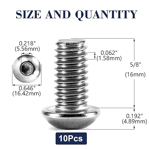 3/8-16 x 5/8" Button Head Socket Cap Bolts Screws, 10Pcs 304 Stainless Steel 18-8, Allen Hex Drive, Bright Finish by SG TZH(with Hex Spanner)