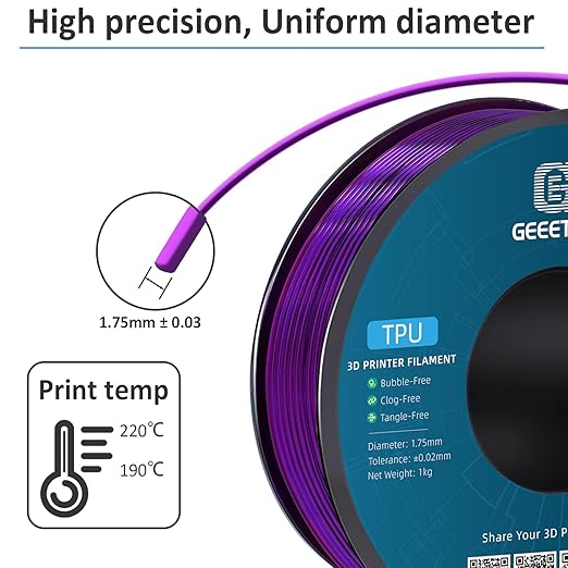 Geeetech TPU Filament 1.75mm, Shore 95A Flexible 3D Printer Filament with High Elasticity, 1KG (2.2lbs) Spool, Dimensional Accuracy 짹0.03mm, Fits Most FDM Printers (Clear Purple)