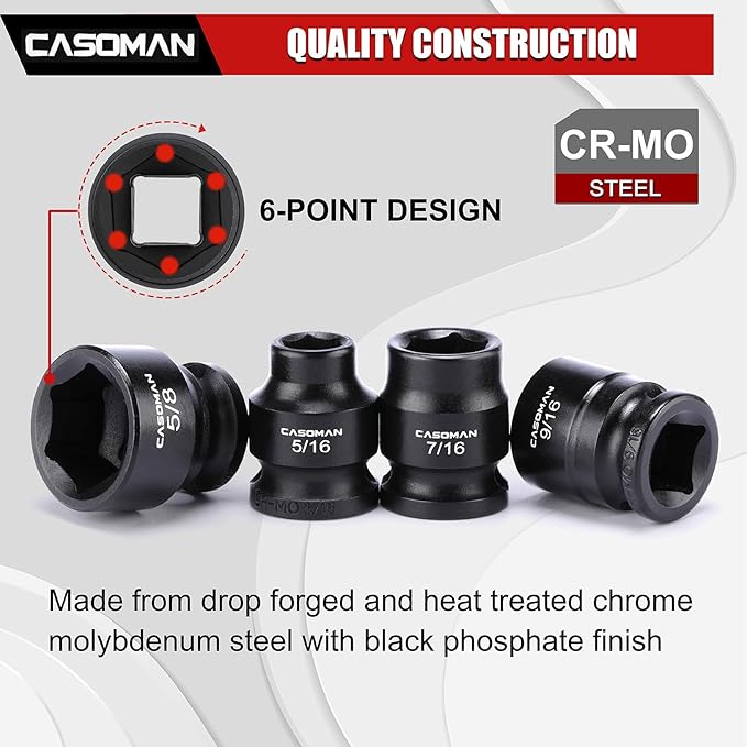 CASOMAN 12PCS 3/8" Drive Stubby Impact Socket Set, Low Profile, 5/16" - 1", SAE, CR-MO, 6-Point, 12 Pieces Shallow Socket Set for Automotive Maintenance, Repairs and DIY, for Tight Areas