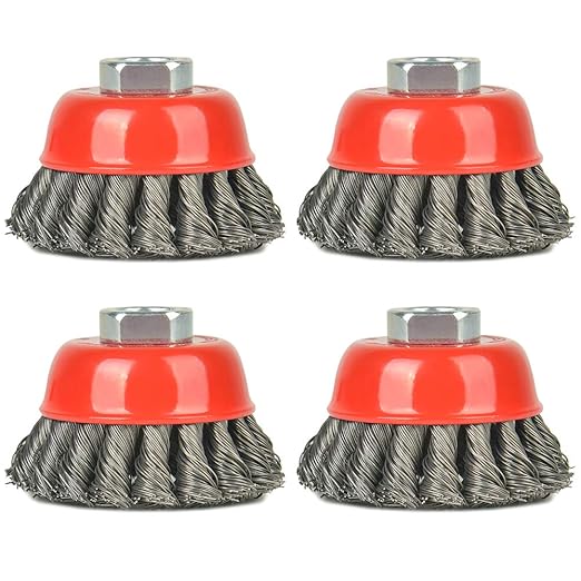 Aain 3 inch Wire Wheel Brush Cup Brush,4 Pack Twisted Knotted Cup Brush for Grinders,5/8"-11 Threaded Arbor for Angle Grinder,Max RPM 12,500,0.020in Carbon Steel for Rust Removal,Abrasives