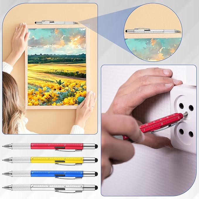 Yeaqee 24 Pcs Stocking Stuffers Bulk for Men 6 in 1 Screwdriver Multi Tool Pens with Refills Ruler Level Gauge for Party Favor Father's Christmas White Elephant Gifts (Classic Color)