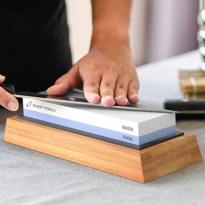 Sharp Pebble Premium Whetstone Knife Sharpening Stone 2 Side Grit 1000/6000 Waterstone with Honing Guide(Chisel Sharpening Jig) - Whetstone Knife Sharpener- NonSlip Bamboo Base & Angle Guide