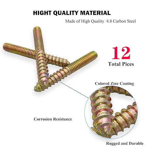 12 Pack 3/8-16 x 3 Inch Hanger Bolts 3/8-16" Double Headed Bolts 3/8 Wood Dowel Screw Self-Tapping Screw Hanger Bolts for Furniture Double Head Threaded Rods Bolt 75mm Length