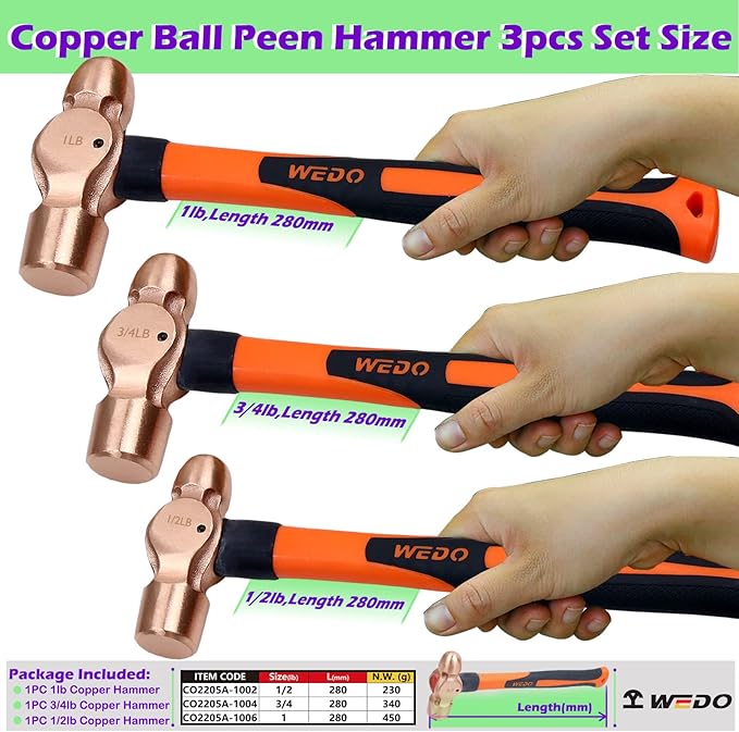 WEDO 3PCS Copper Ball Peen Hammer Set, 8 oz + 12 oz + 16 oz(1/2lb+3/4LB+1lb),Ball Pein Hammer with Fiberglass Handle, Die-Forged, Corrosion Resistant, DIN Standard
