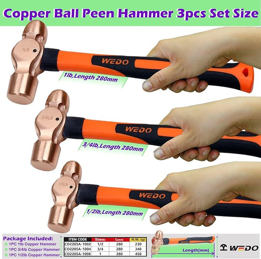 WEDO 3PCS Copper Ball Peen Hammer Set, 8 oz + 12 oz + 16 oz(1/2lb+3/4LB+1lb),Ball Pein Hammer with Fiberglass Handle, Die-Forged, Corrosion Resistant, DIN Standard