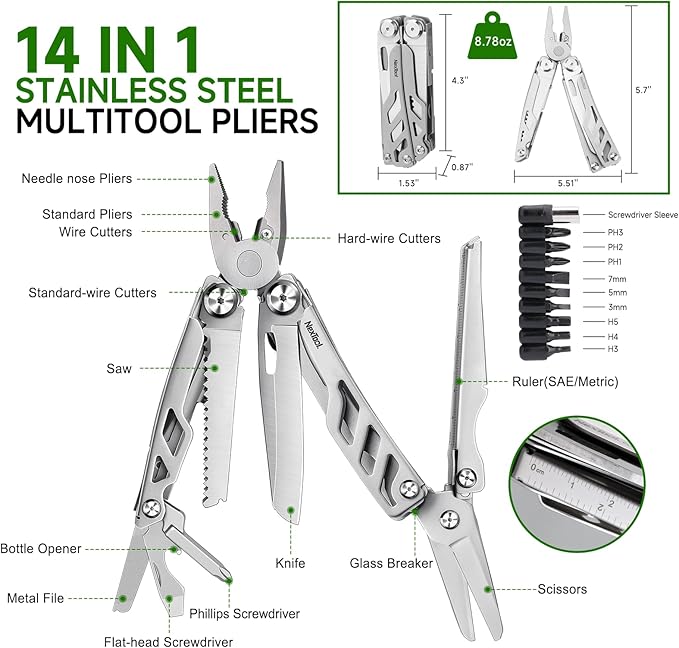 NexTool 14-in-1 Multi-Tool, Stainless Steel Multitool Pliers with 80Cr14Mov Pocket Knife, 2 Safety Locks and Huge Scissors, EDC Multitool Utility Tool for Camping Outdoor Activities (Flagship Max)